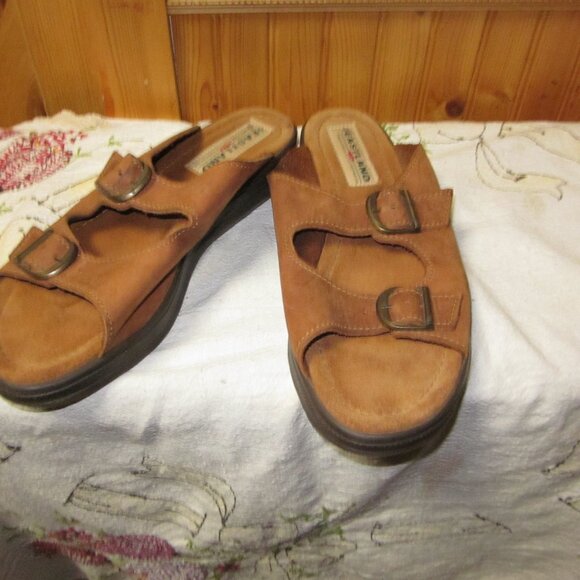 Vtg leather double strap ladies boho slip on sandals brown 11 M new - Picture 1 of 5
